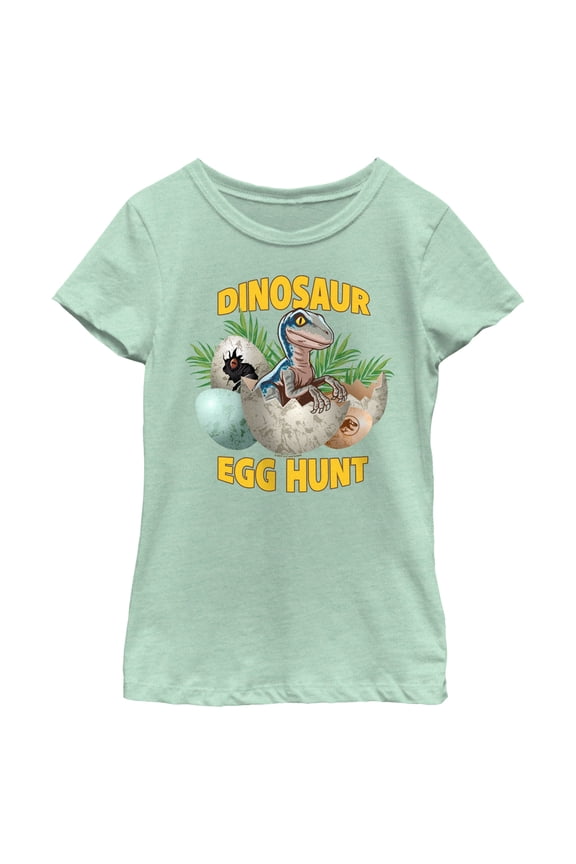 Girl's Jurassic World Easter Velociraptor Dinosaur Egg Hunt Graphic Tee Mint Large