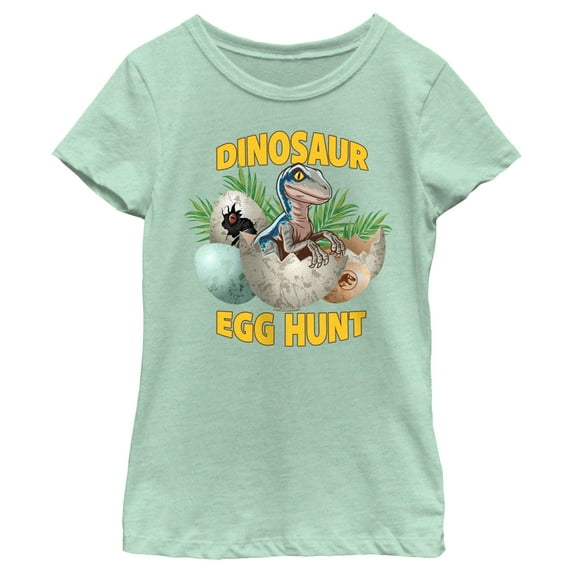 Girl's Jurassic World Easter Velociraptor Dinosaur Egg Hunt Graphic Tee Mint Large