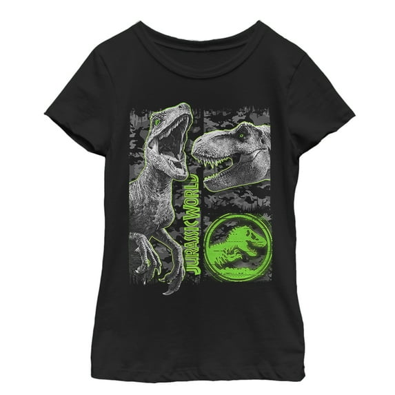 Girl's Jurassic World: Fallen Kingdom Camo Print Dinosaurs Graphic Tee Black Small