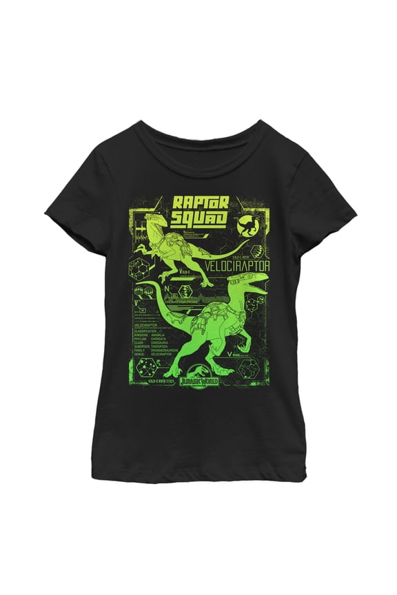 Girl's Jurassic World Raptor Squad Statistics Graphic Tee Black Large