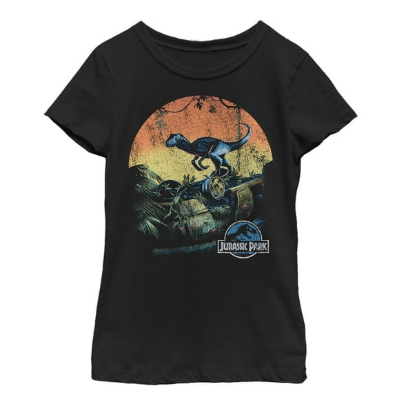 Girl's Jurassic World Retro Raptor Sunset  Graphic Tee Black Medium