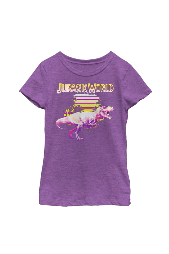Girl's Jurassic World Retro T. Rex Sunset Graphic Tee Purple Berry Small