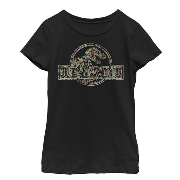 Girl's Jurassic World Tropical Flower Logo  Graphic Tee Black Medium