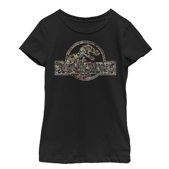 Girl's Jurassic World Tropical Flower Logo Graphic Tee Black Small