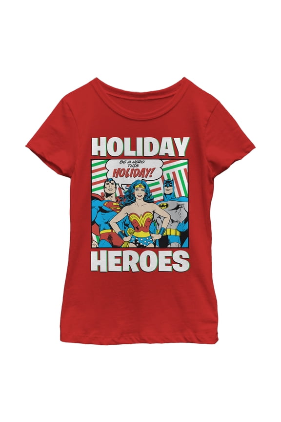 Girl's Justice League Holiday Heroes Graphic Tee Red Large
