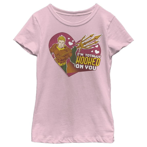 Girl's Justice League Valentine's Day Aquaman I'm Totally Hooked on You Graphic Tee Light Pink Small