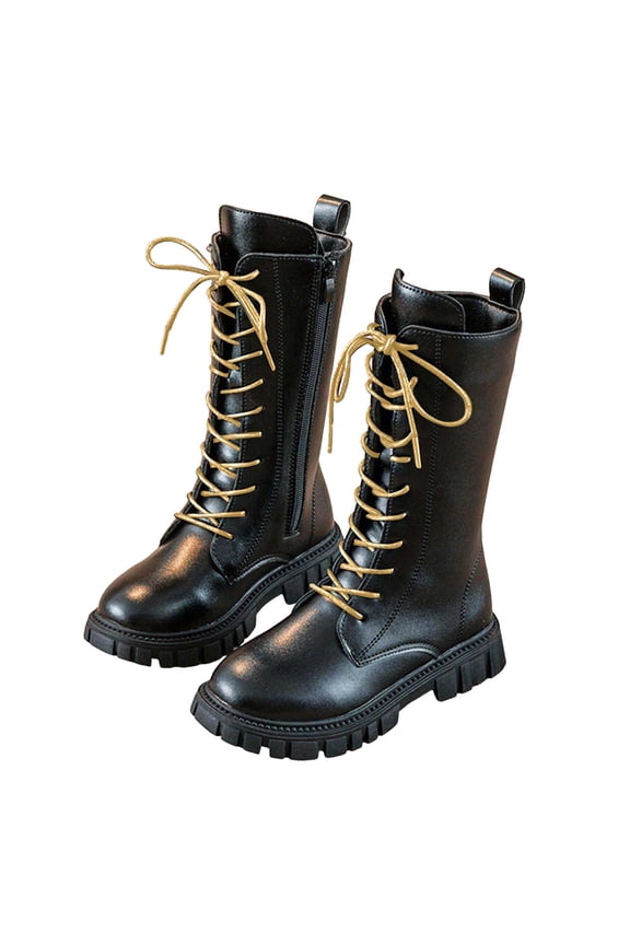 Girl's Knee High Combat Boots Glitter Strappy Lace up Long Fall Booties Chunky Lug Sole Riding Boots Black 1 Big Kids