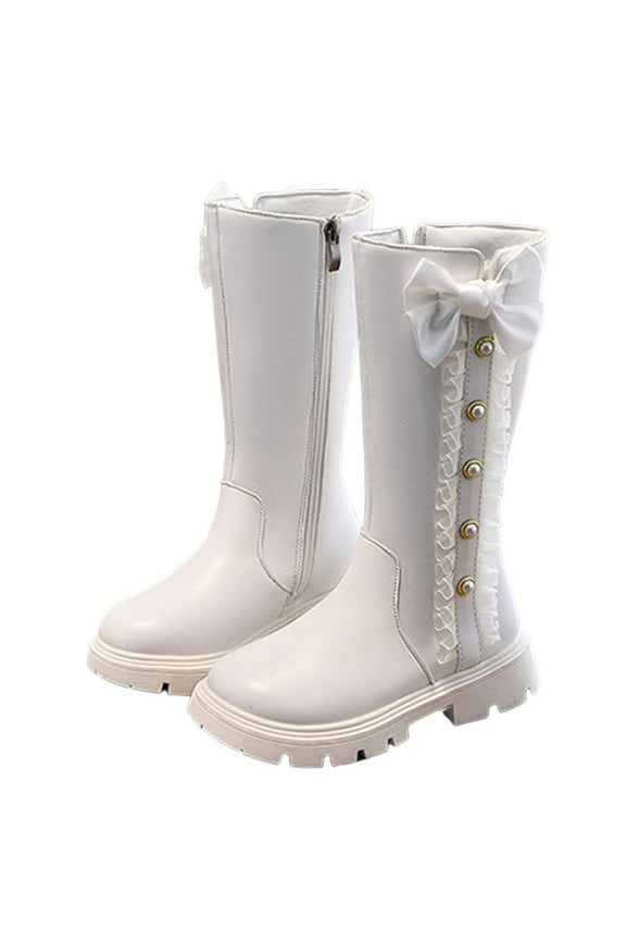 Girl's Knee High Winter Boots Lace Bowknot Goth Boots Low Heels Mid Calf Riding Boot with Side Zipper