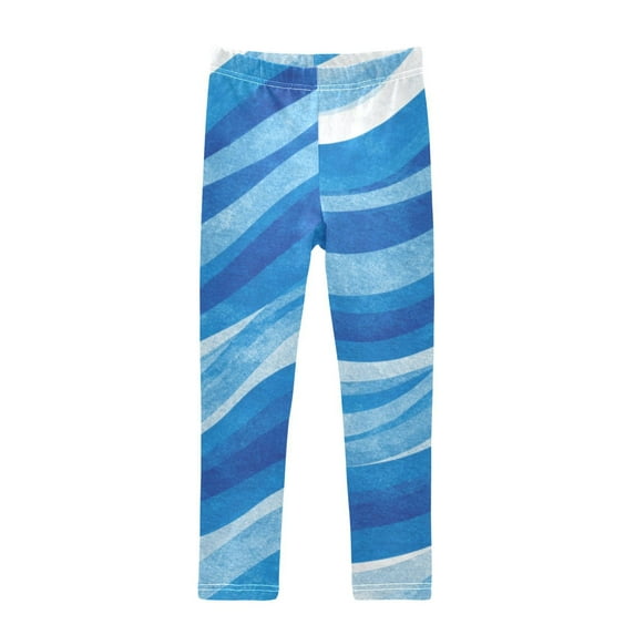Girl's Legging Full-Length Colorful Print Tights For Dance Gym Everyday Wear A Wavy Pattern in Blue and White