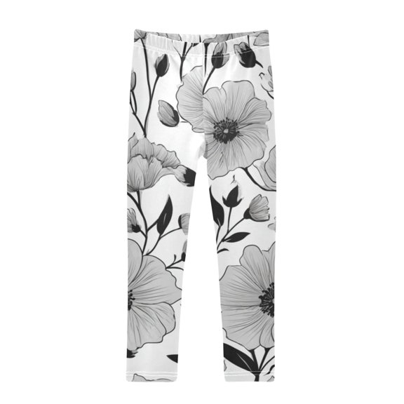 Girl's Legging Full-Length Colorful Print Tights For Dance Gym Everyday Wear Black and White Flowers