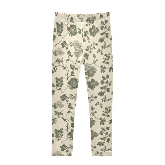 Girl's Legging Full-Length Colorful Print Tights For Dance Gym Everyday Wear Small Olive Green Flower