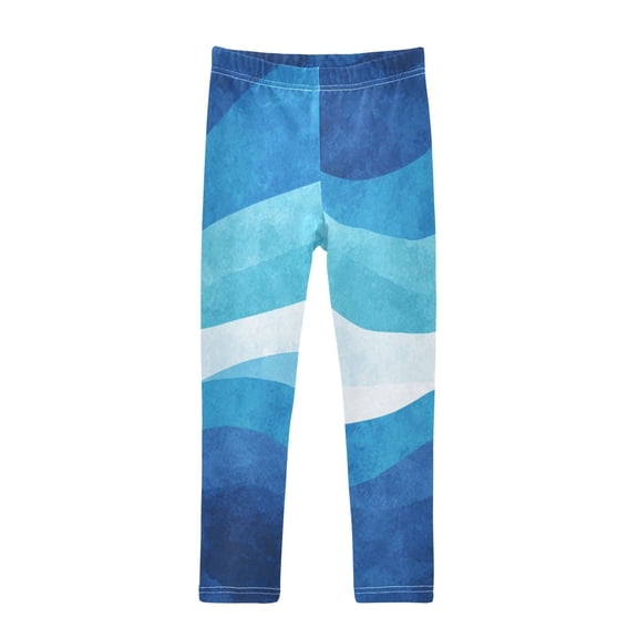 Girl's Legging Full-Length Colorful Print Tights For Dance Gym Everyday Wear Wavy Pattern in Blue and White