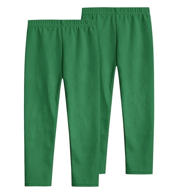 Girl's Leggings Multipack, 2 Pack Comfy Soft Leggings for Girls 3-12 Years, Stretch Elastic Waist Pull on Pants (9 Years, Green 02)