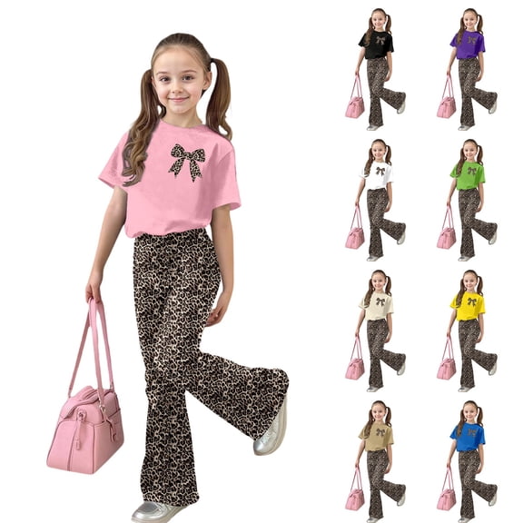 Girl's Leopard Bow Print 2 Piece Valentine's Day Outfits Bow Short Sleeve Tee And Flared Pants Set Blue 8 Y-9 Y