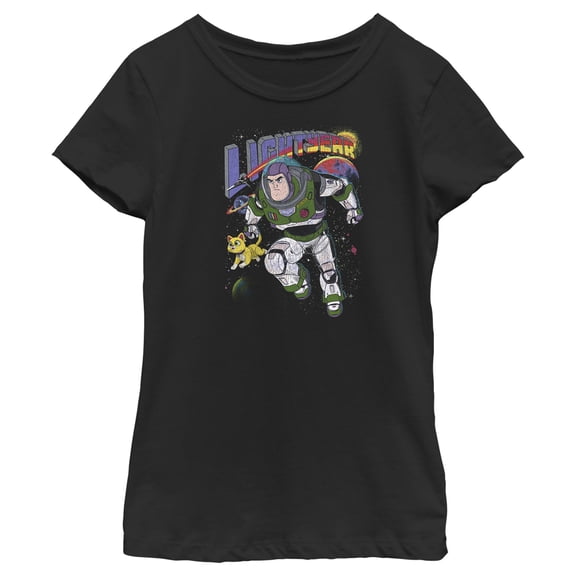 Girl's Lightyear Retro Distressed Buzz and Sox Graphic Tee Black Medium