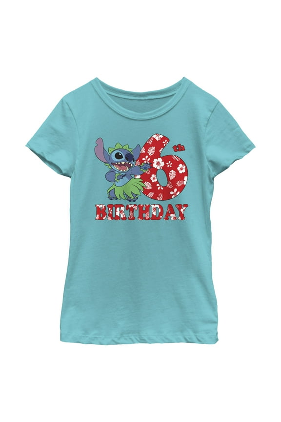 Girl's Lilo & Stitch 6th Birthday Hula Dance Graphic Tee Tahiti Blue Medium