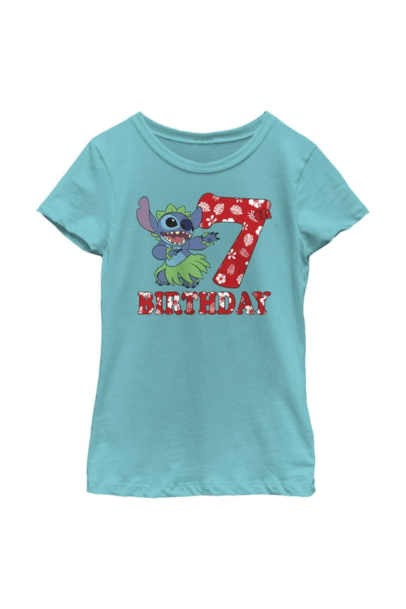 Girl's Lilo & Stitch 7th Birthday Hula Dance Graphic Tee Tahiti Blue Medium