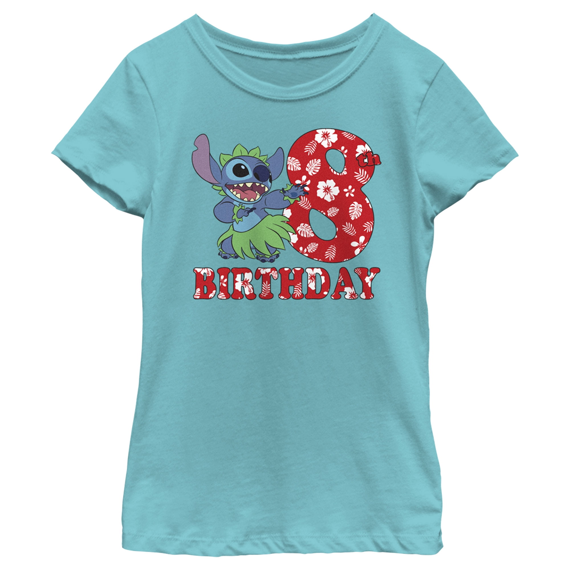 Girl's Lilo & Stitch 8th Birthday Hula Dance Graphic Tee Tahiti Blue Medium