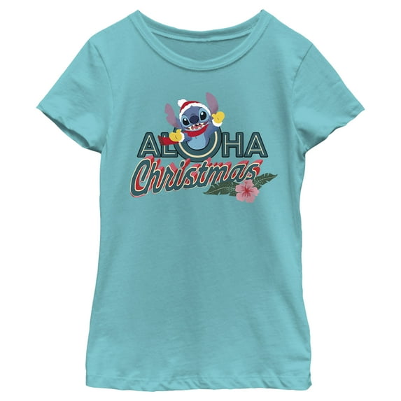 Girl's Lilo & Stitch Aloha Christmas Graphic Tee Tahiti Blue Large