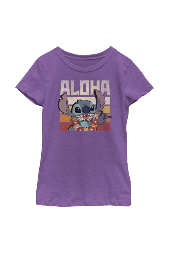 Girl's Lilo & Stitch Aloha Distressed Stitch Graphic Tee Purple Berry Medium