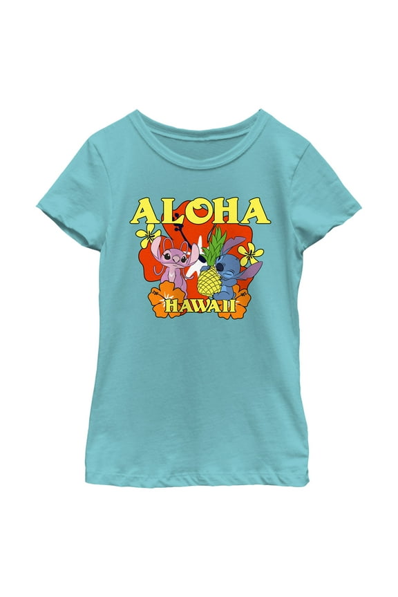 Girl's Lilo & Stitch Aloha Hawaii Angel and Stitch  Graphic Tee Tahiti Blue Large