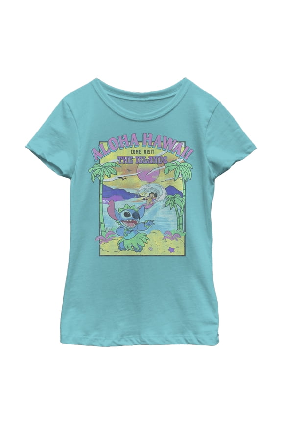 Girl's Lilo & Stitch Aloha Hawaii Come Visit the Islands Graphic Tee Tahiti Blue Medium