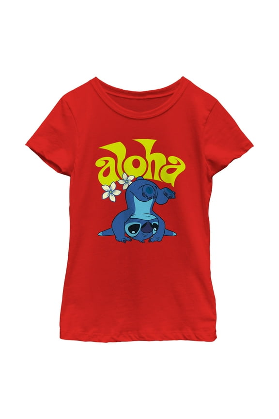 Girl's Lilo & Stitch Aloha Headstand Stitch  Graphic Tee Red Large