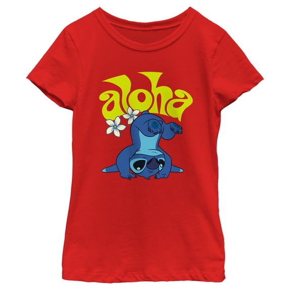 Girl's Lilo & Stitch Aloha Headstand Stitch Graphic Tee Red Large
