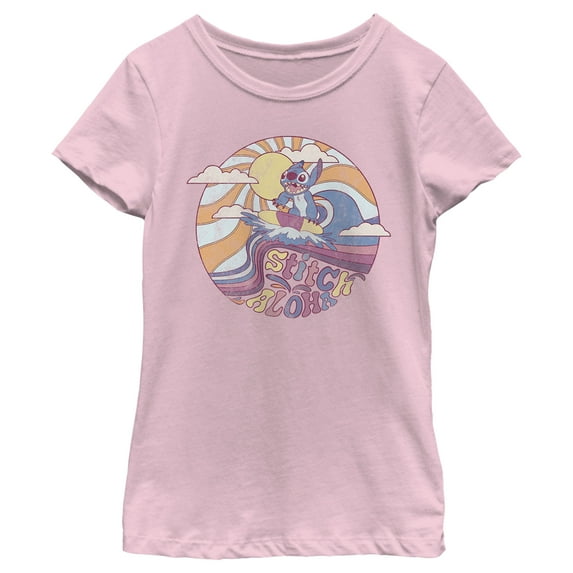 Girl's Lilo & Stitch Aloha Stitch Distressed Surf Circle Graphic Tee Light Pink Small