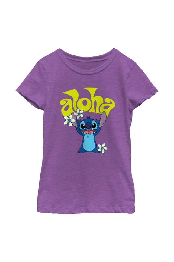 Girl's Lilo & Stitch Aloha Wavy Text  Graphic Tee Purple Berry Medium