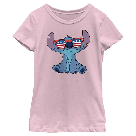 Girl's Lilo & Stitch American Flag Sunglasses Stitch  Graphic Tee Light Pink Large