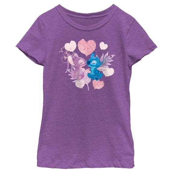 Girl's Lilo & Stitch Angel Eskimo Kiss Watercolor Graphic Tee Purple Berry X Large