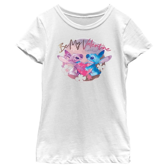 Girl's Lilo & Stitch Be My Valentine Watercolor Couple  Graphic Tee White X Small