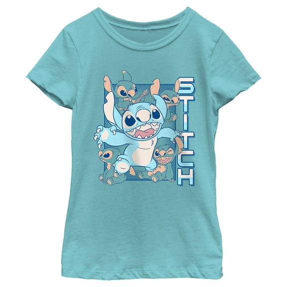 Girl's Lilo & Stitch Blue Stitch Faces  Graphic Tee Tahiti Blue Large