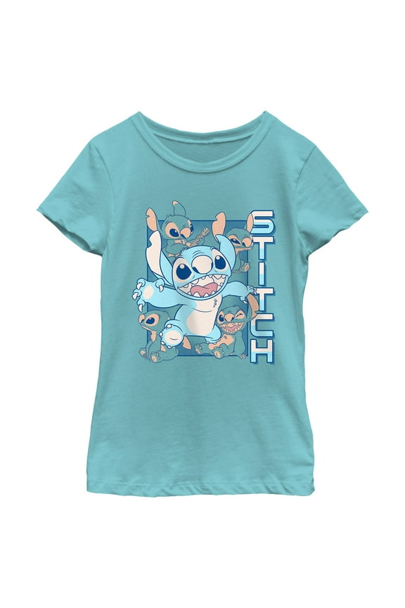 Girl's Lilo & Stitch Blue Stitch Faces Graphic Tee Tahiti Blue Medium