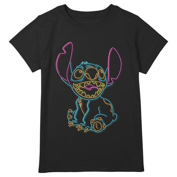 Girl's Lilo & Stitch Bright Neon Outline Graphic Tee Black Large Plus