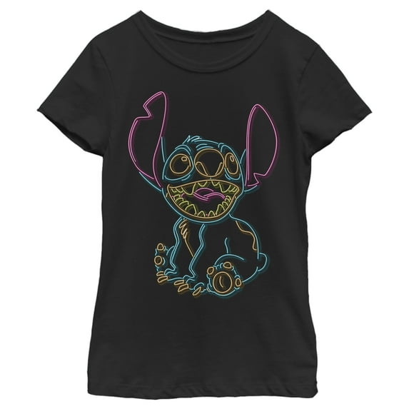 Girl's Lilo & Stitch Bright Neon Outline Graphic Tee Black Large