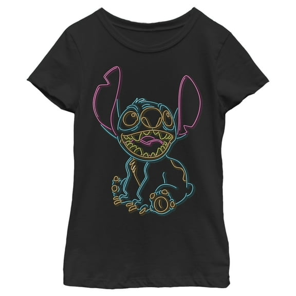 Girl's Lilo & Stitch Bright Neon Outline  Graphic Tee Black Small