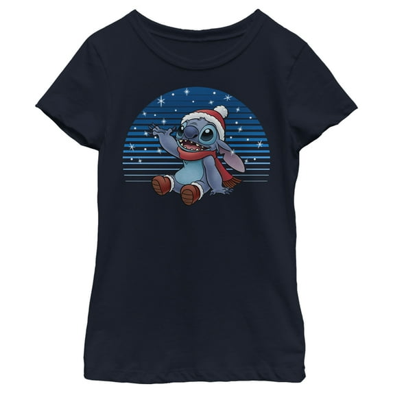 Girl's Lilo & Stitch Catching Snow Graphic Tee Navy Blue Medium
