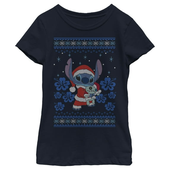 Girl's Lilo & Stitch Christmas with Scrump Graphic Tee Navy Blue X Small