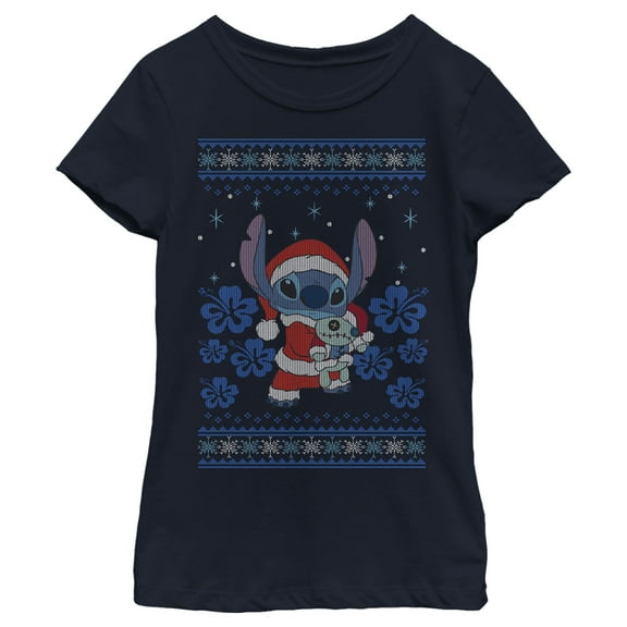 Girl's Lilo & Stitch Christmas with Scrump Graphic Tee Navy Blue X Small