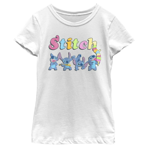 Girl's Lilo & Stitch Colorful Action Poses Stitch Graphic Tee White Small