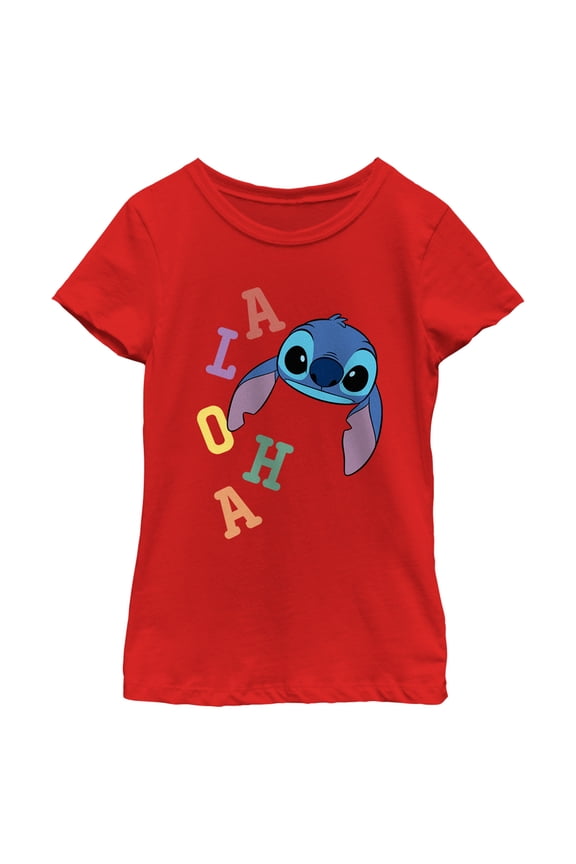 Girl's Lilo & Stitch Colorful Aloha Stitch Face Graphic Tee Red Medium