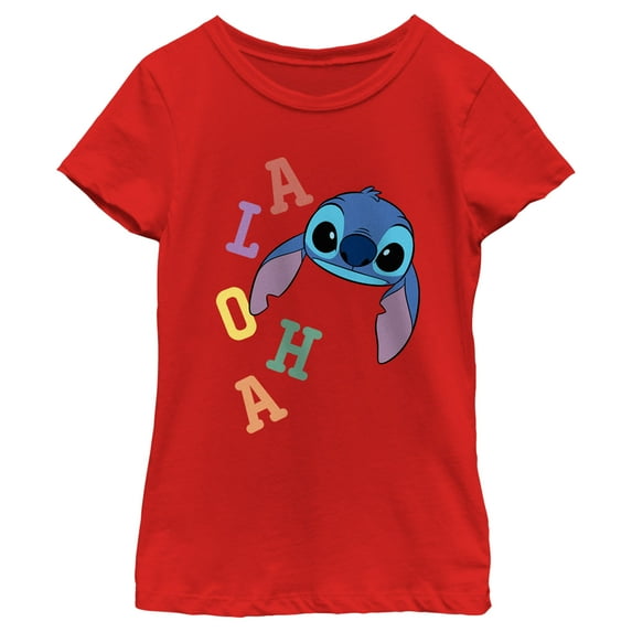 Girl's Lilo & Stitch Colorful Aloha Stitch Face Graphic Tee Red Small