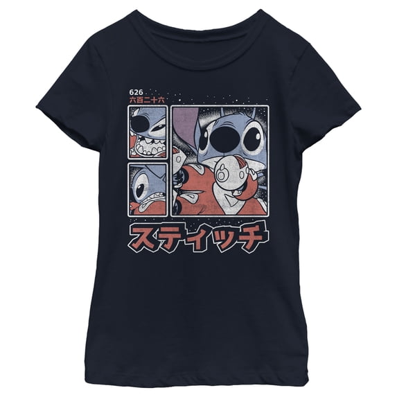 Girl's Lilo & Stitch Comic Book Panels Graphic Tee Navy Blue Medium