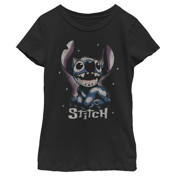 Girl's Lilo & Stitch Distressed Airbrushed Stitch Portrait Graphic Tee Black Large