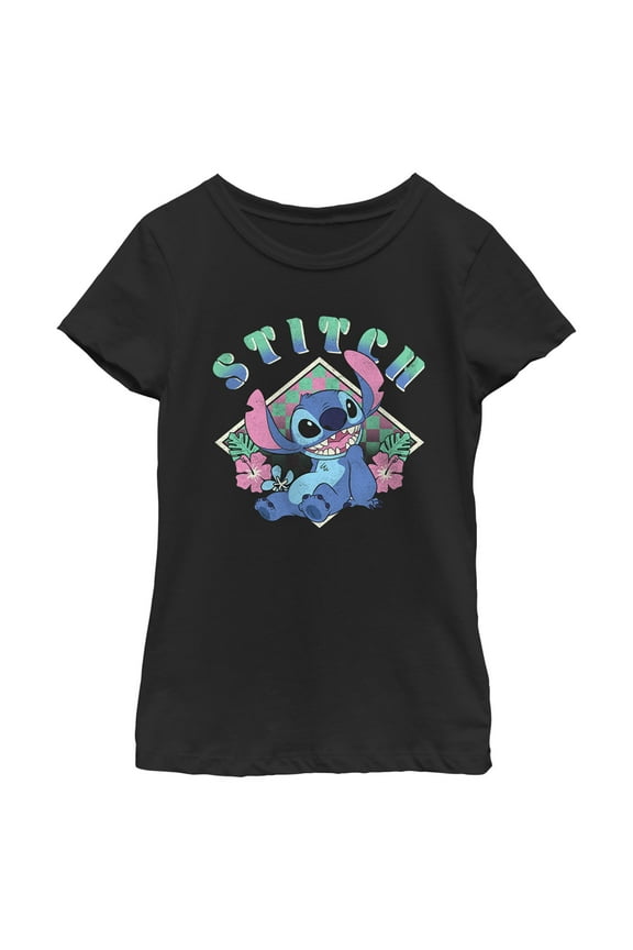 Girl's Lilo & Stitch Distressed Checkerboard Stitch Graphic Tee Black X Large