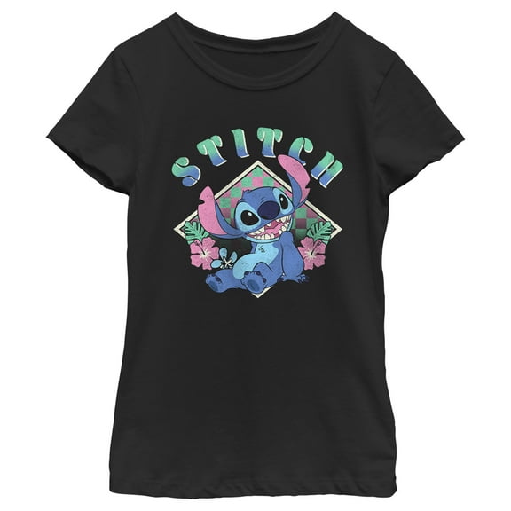 Girl's Lilo & Stitch Distressed Checkerboard Stitch  Graphic Tee Black X Small