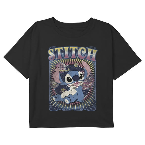 Girl's Lilo & Stitch Distressed Groovy Planets Stitch Graphic Cropped T-Shirt Black Large