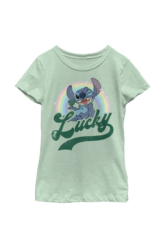 Girl's Lilo & Stitch Distressed Lucky Wink Graphic Tee Mint Large